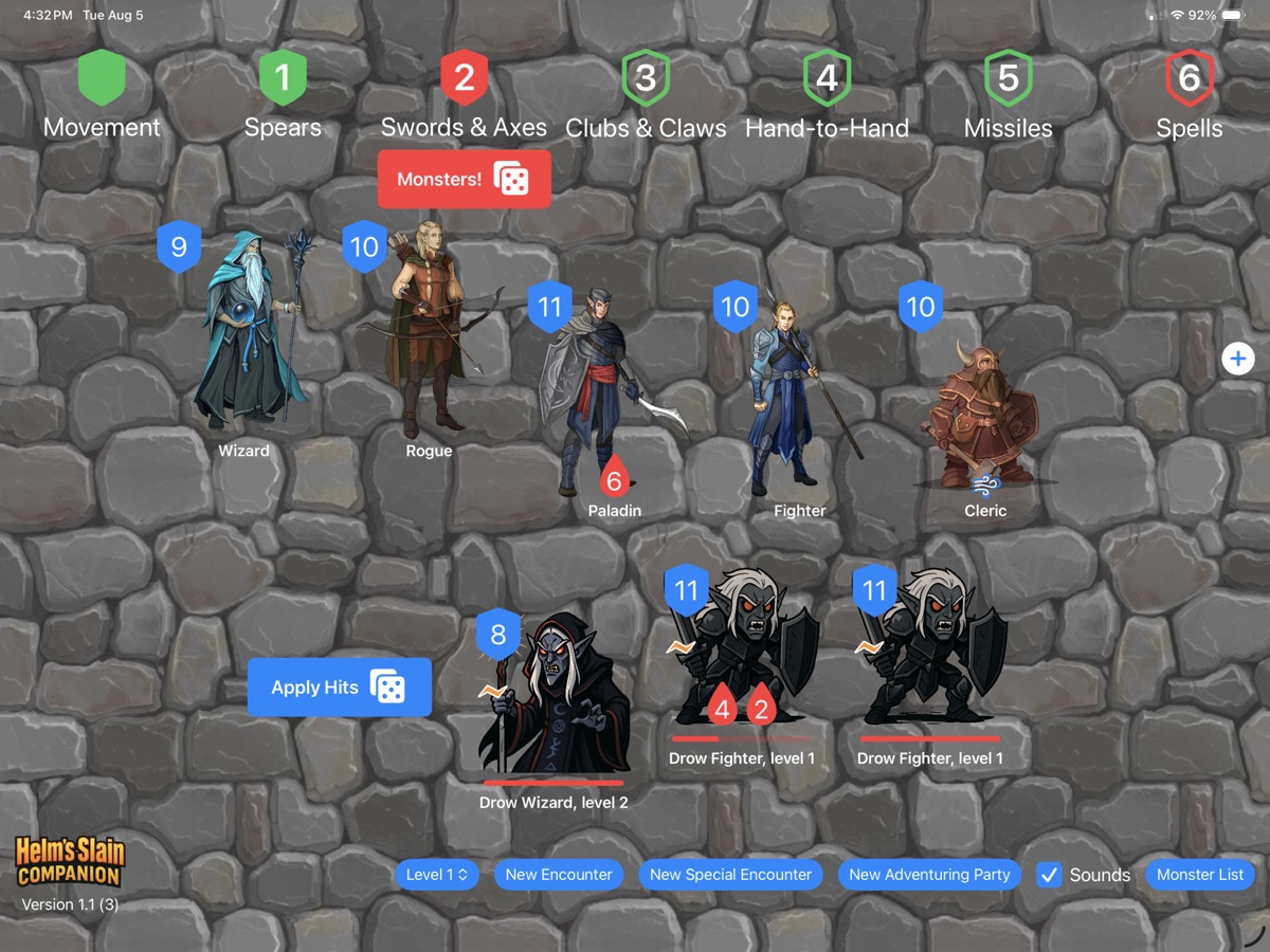 Helm's Slain Companion running on iPad, showing a party fighting dark elves