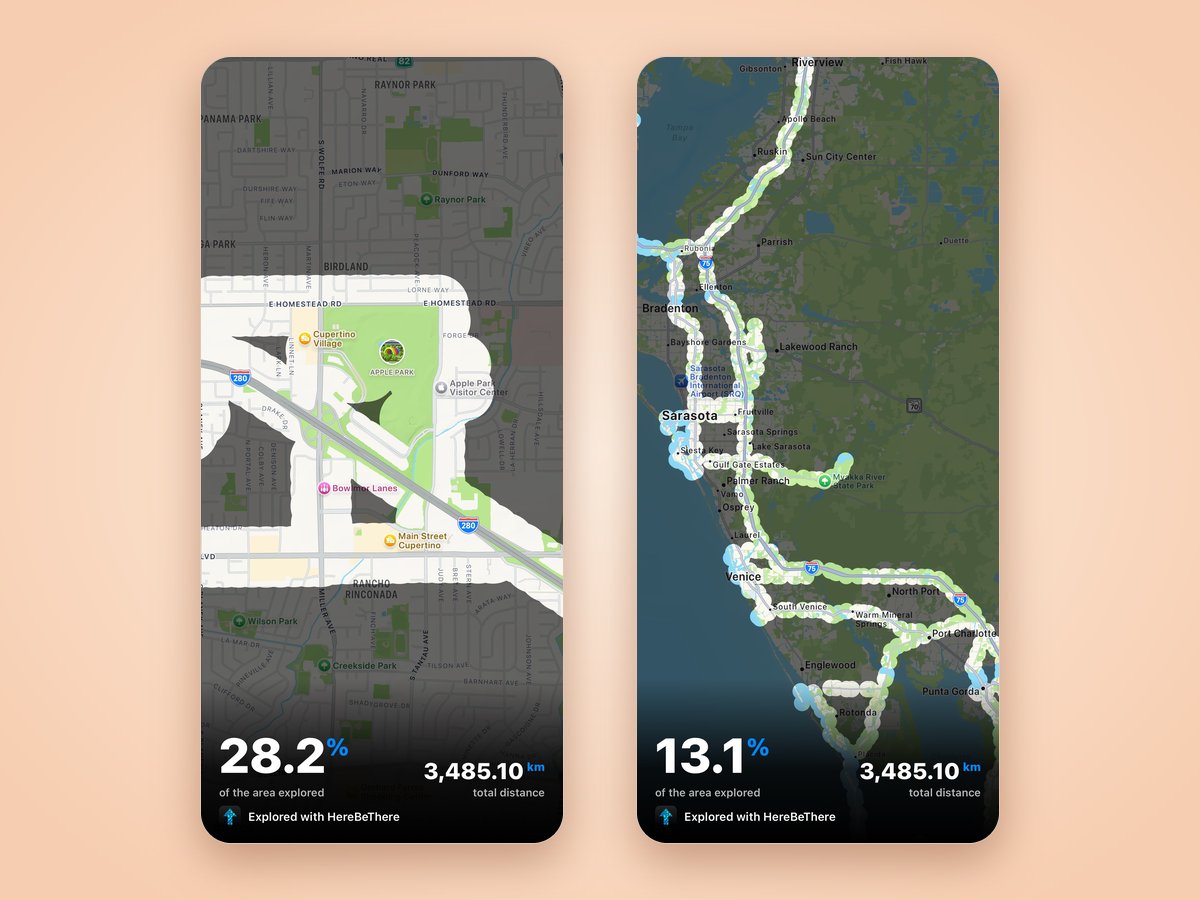 Two HereBeThere maps showing explored areas around Cupertino and the Florida Gulf Coast