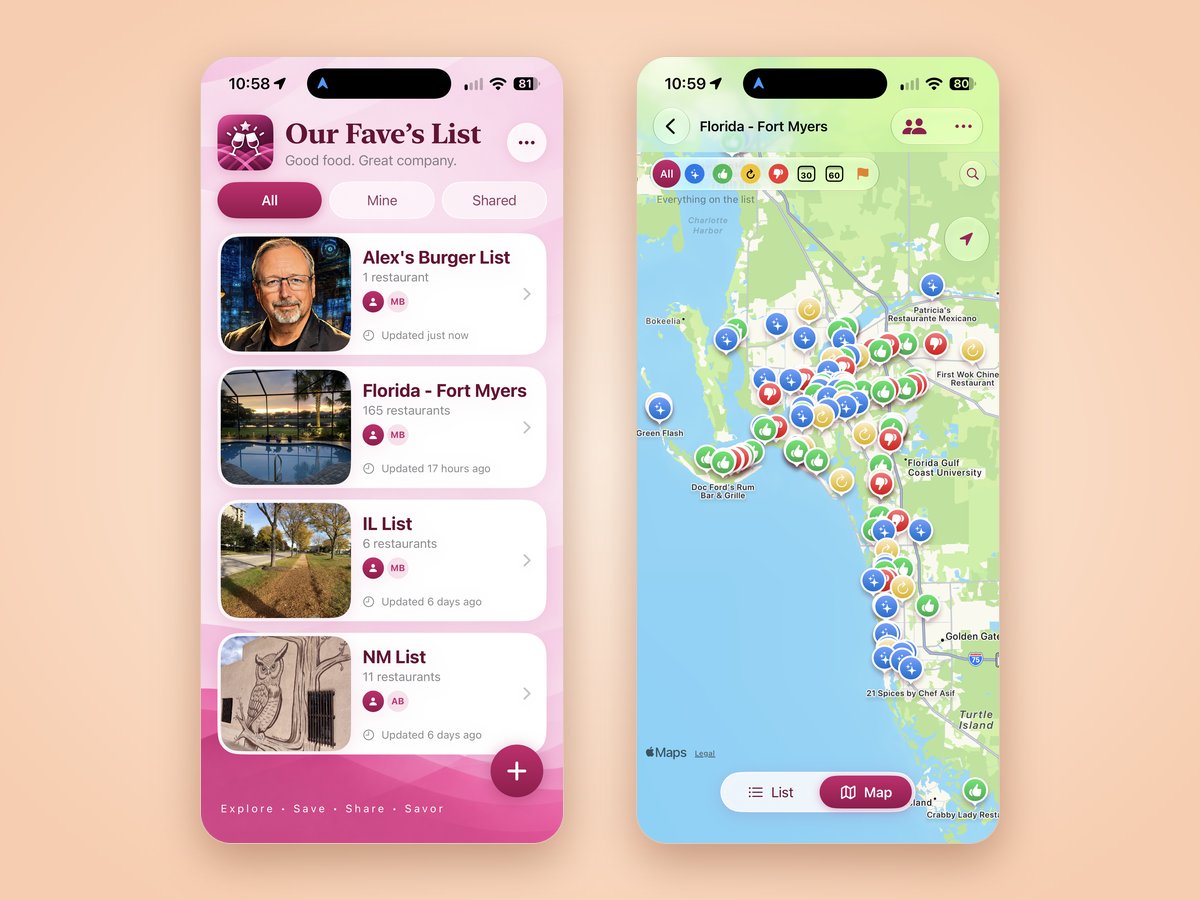 Our Fave's List home screen of shared restaurant lists beside a map of Southwest Florida covered in color-coded restaurant pins